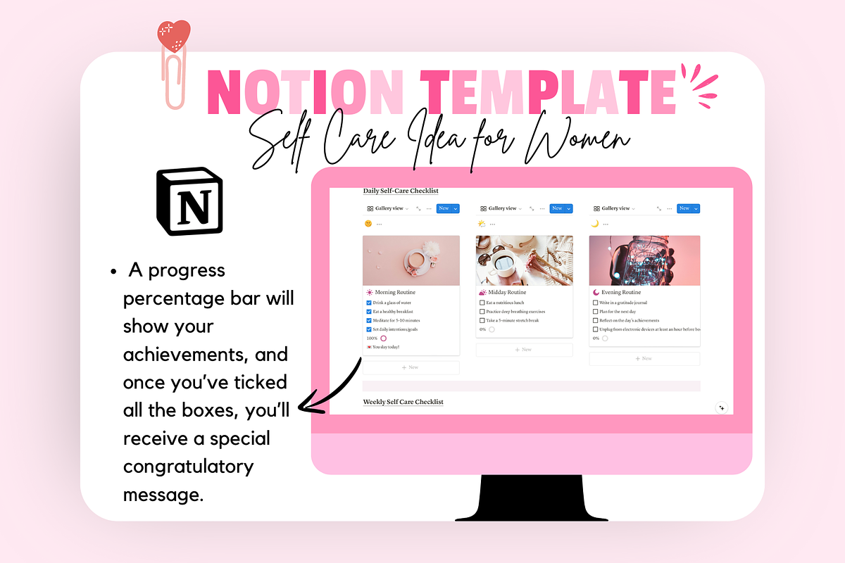 Notion Self Care Ideas for Women, a Templates & Theme by bellaROSEworkshop (Photo 7 of 11)