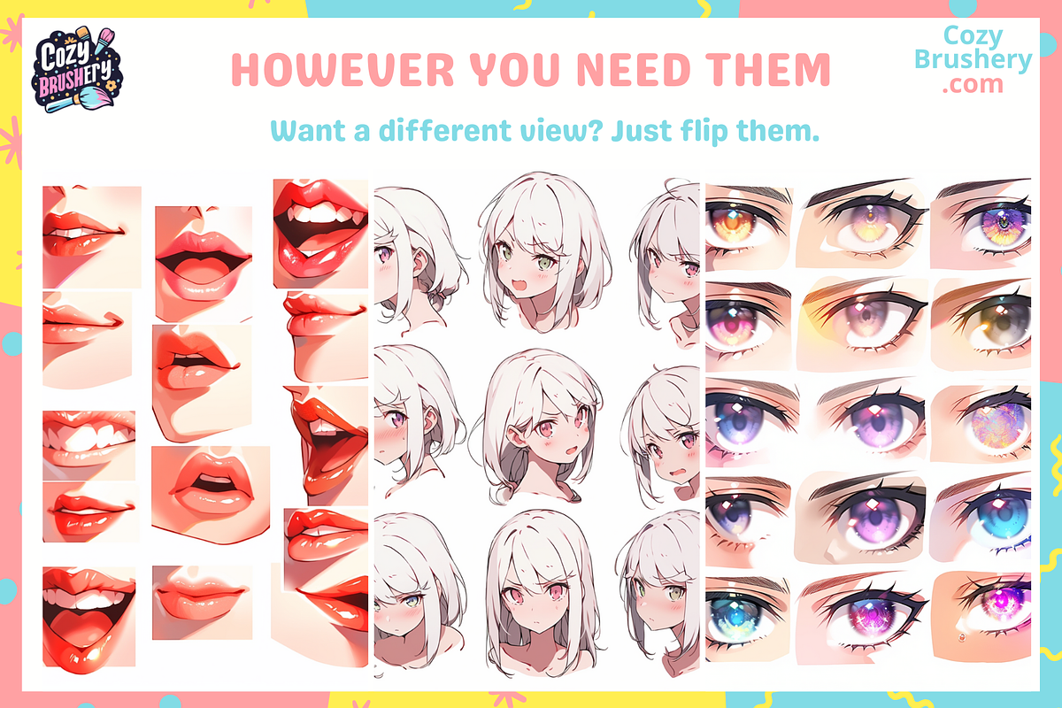 170 Face Stamps for Procreate, a Brush Add-On by Cozy Brushery (Photo 9 of 9)