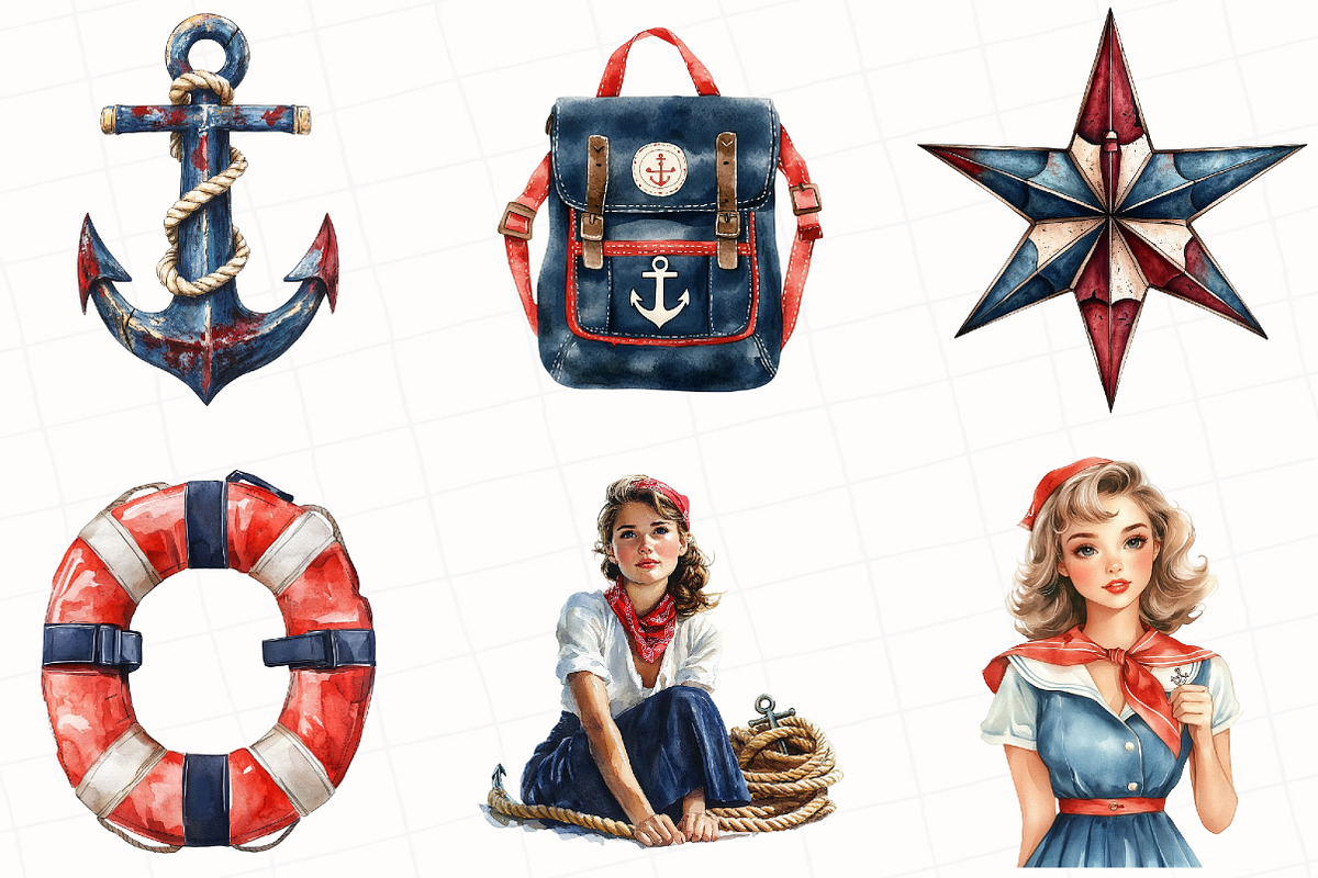 Watercolor Vintage Nautical Clipart, an Illustration by OK Design (Photo 3 of 5)