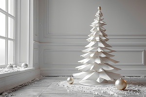 Minimalist white Christmas tree made of layered paper with ornam, a Background Photo by José Manuel Gelpi