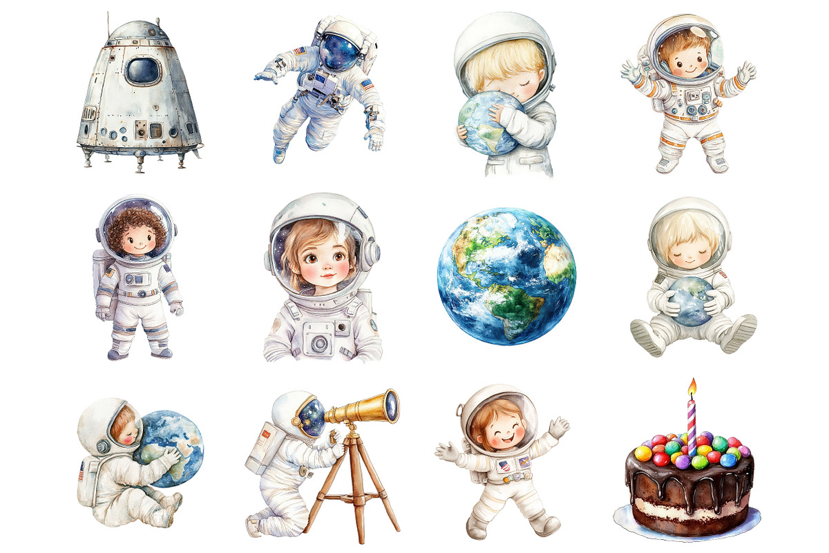 Watercolor Little Astronaut Clipart, a Seasonal Illustration by CitraGraphics (Photo 2 of 4)