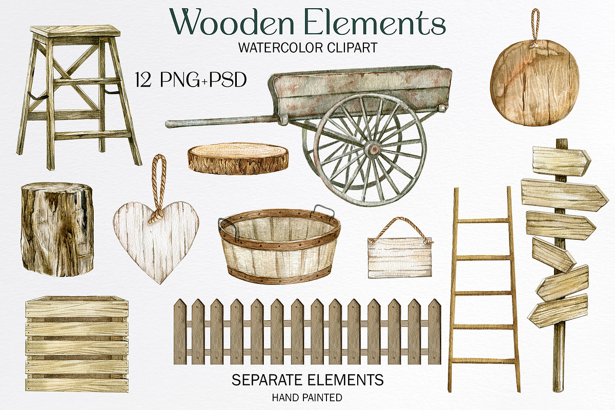 Watercolor rustic wooden clipart, an Object Illustration by yana.fefelova (Photo 1 of 4)