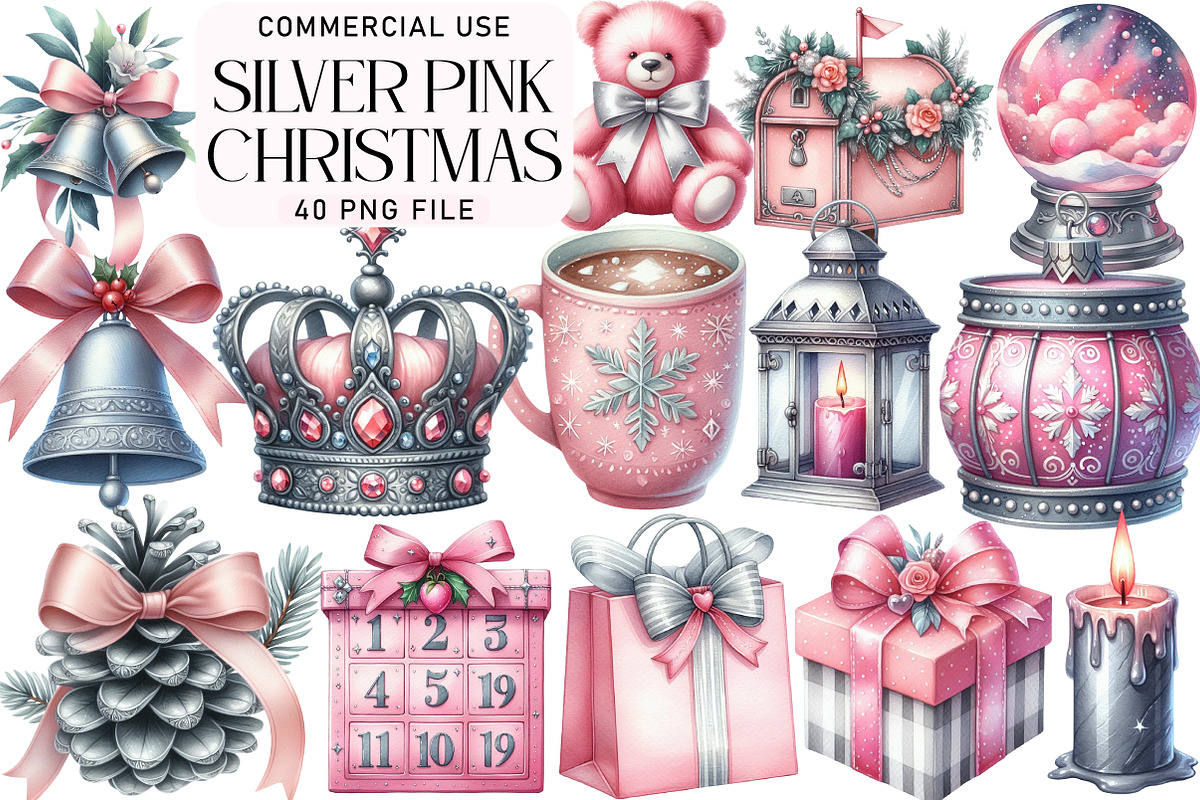 Silver Pink Christmas Clipart, an Illustration by Daily.Designs (Photo 1 of 5)