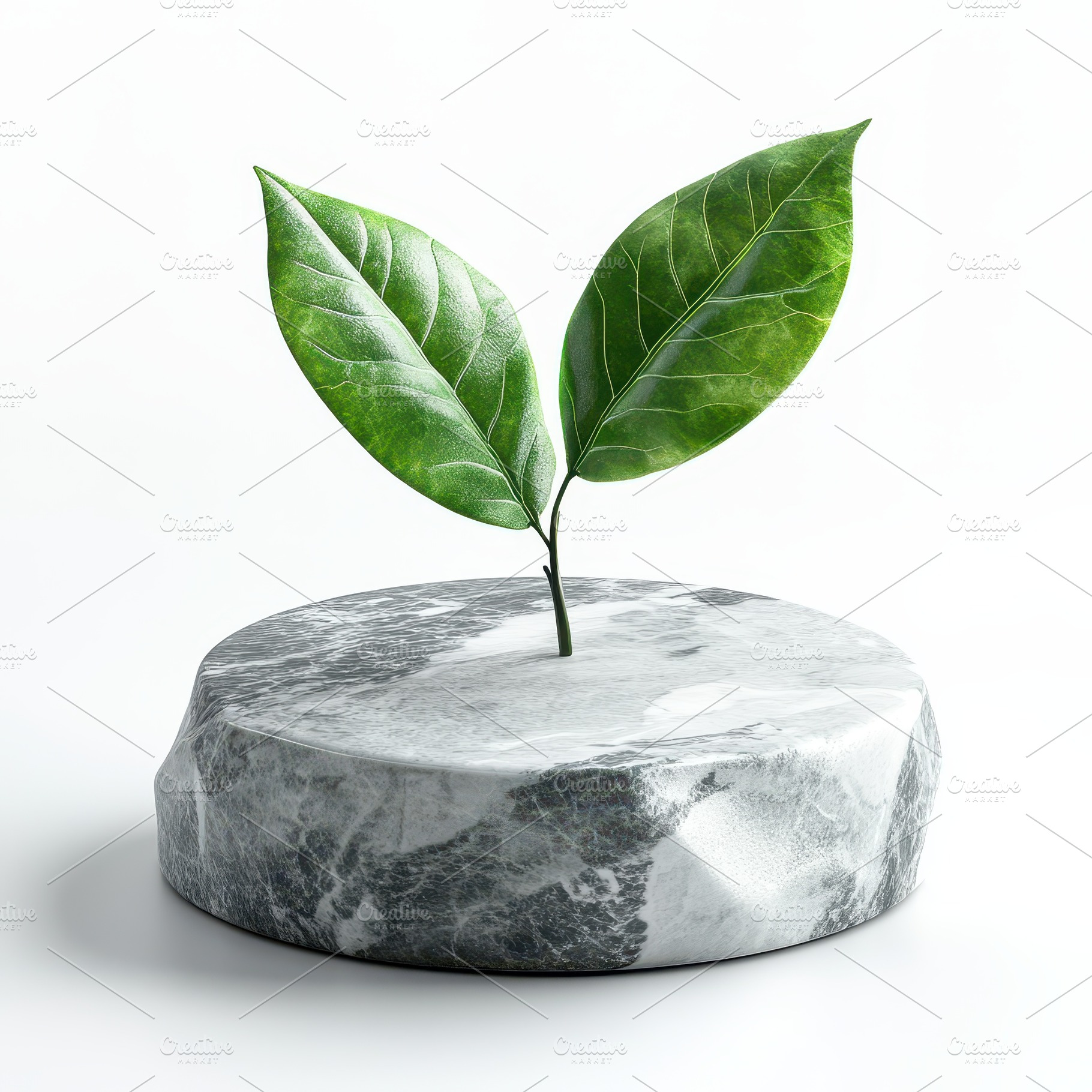 Green leaves sprout from a marble ba, an Abstract Photo by Pixeness Studio