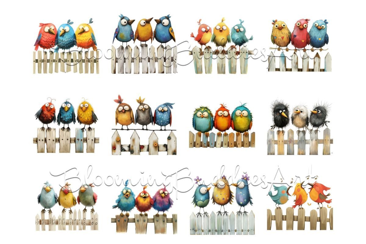 12 Quirky Birds on a Fence Clipart, an Animal Illustration by Art Paradise Studios (Photo 8 of 8)