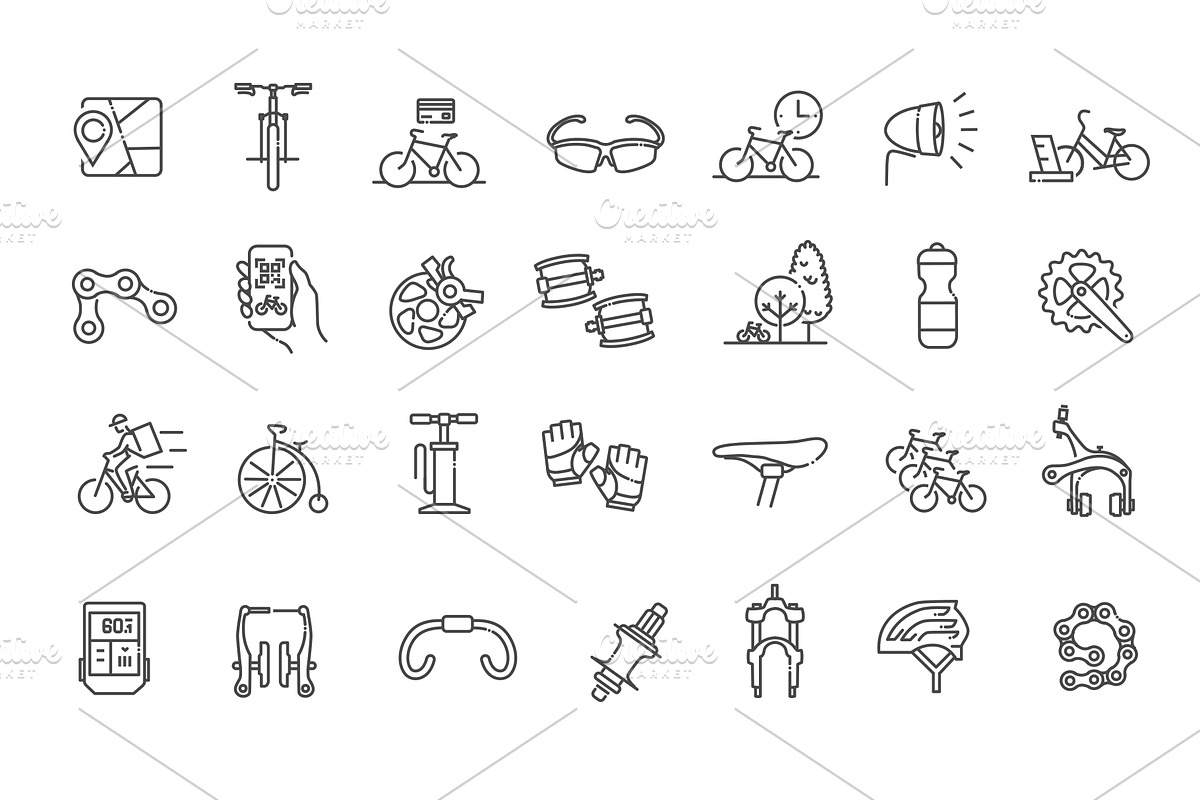 Cycling equipment icons set, an Outline Icon by Tettygreen (Photo 2 of 2)