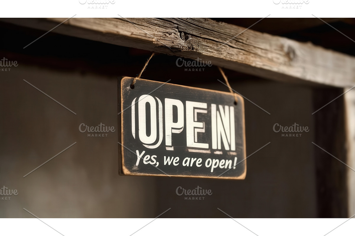 Rustic wooden sign with text OPEN, an Illustration by tilialucida