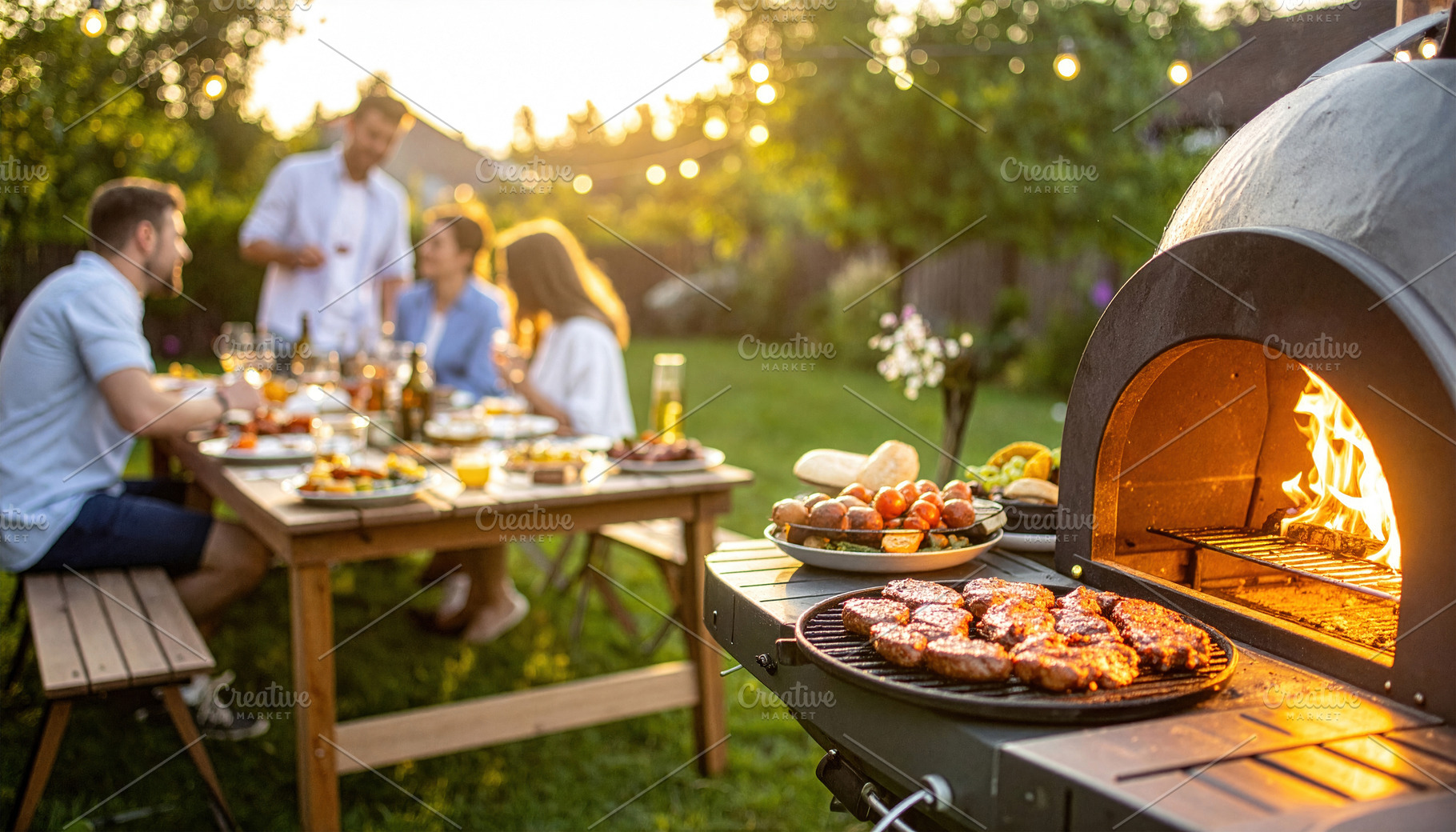 Friends Enjoying Backyard Barbecue at Sunset, a Photo by Davizro's Market