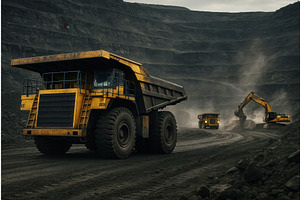 Large yellow mining trucks and an, an Illustration by Sergey Kotenev