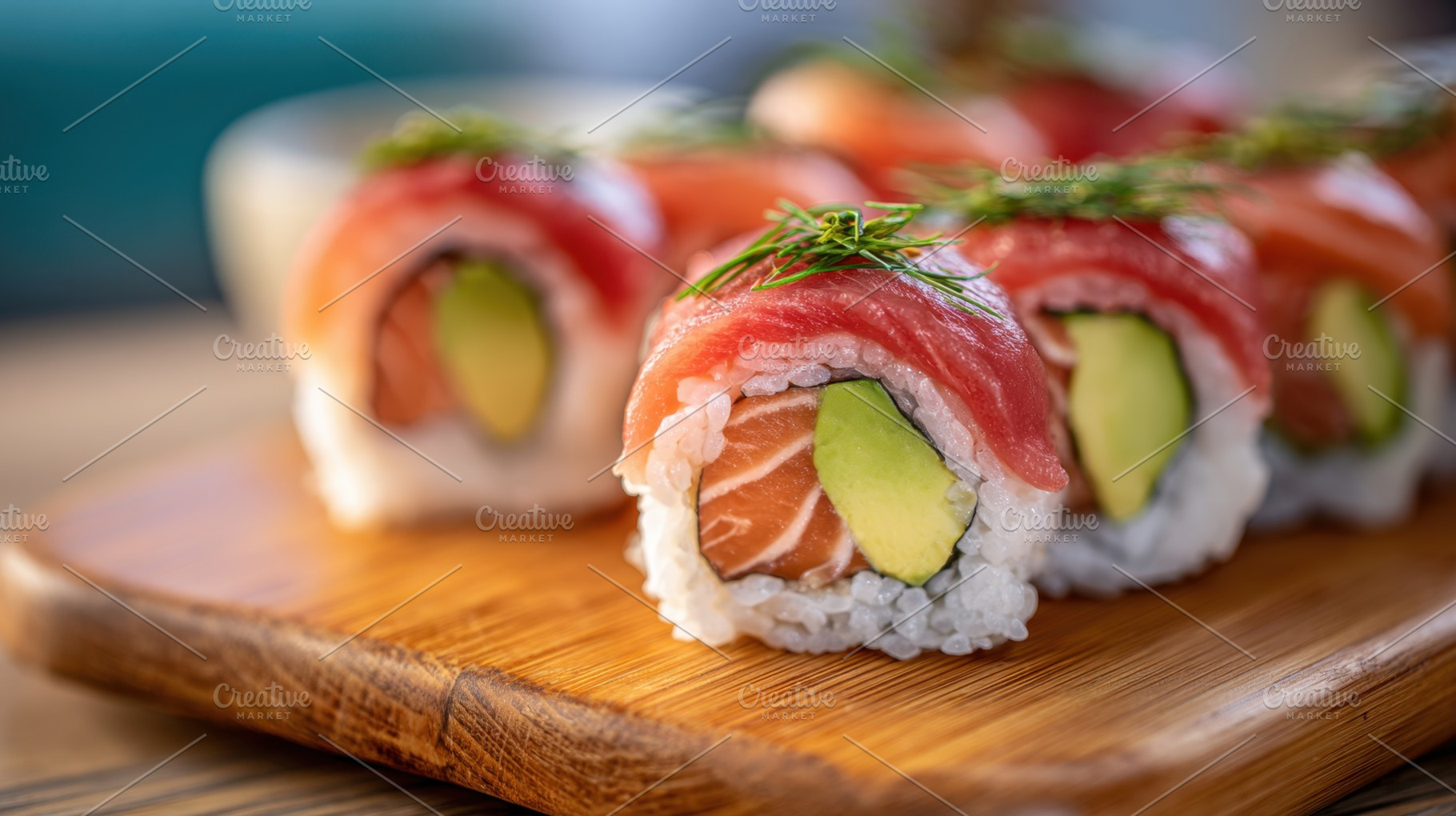 Sushi rolls on wood platter, a Photo by Beautiful things