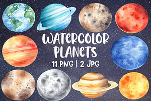 Watercolor Planets Clipart Set