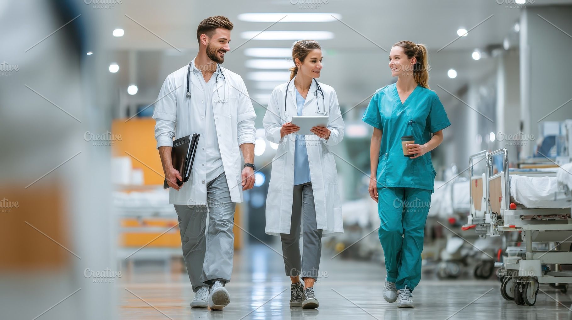Hospital Doctors Nurses Walking Corr, a Photo by Pixeness Studio