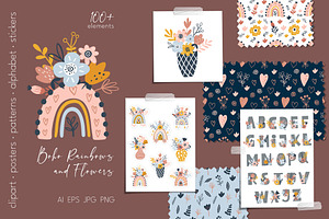 Boho collection. Rainbows and flower