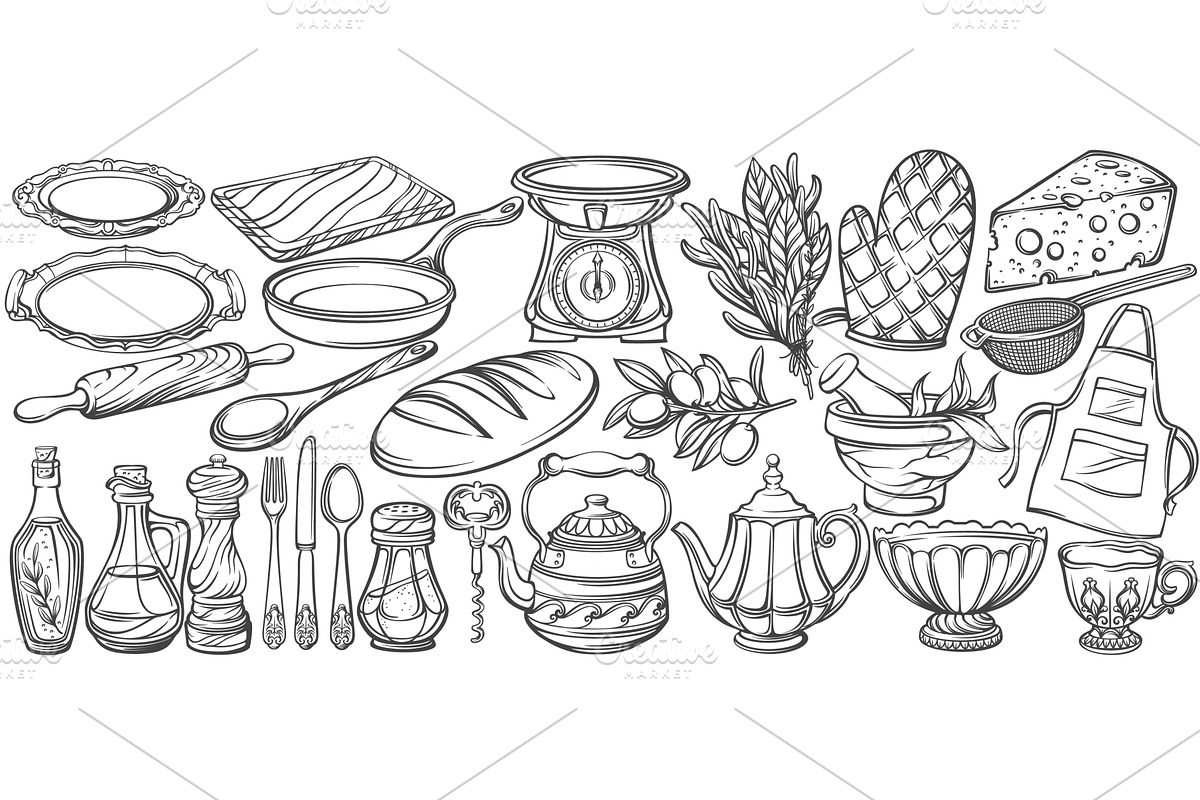 Vintage Kitchen Engraved Set, a Food Illustration by VictoriaSergeeva