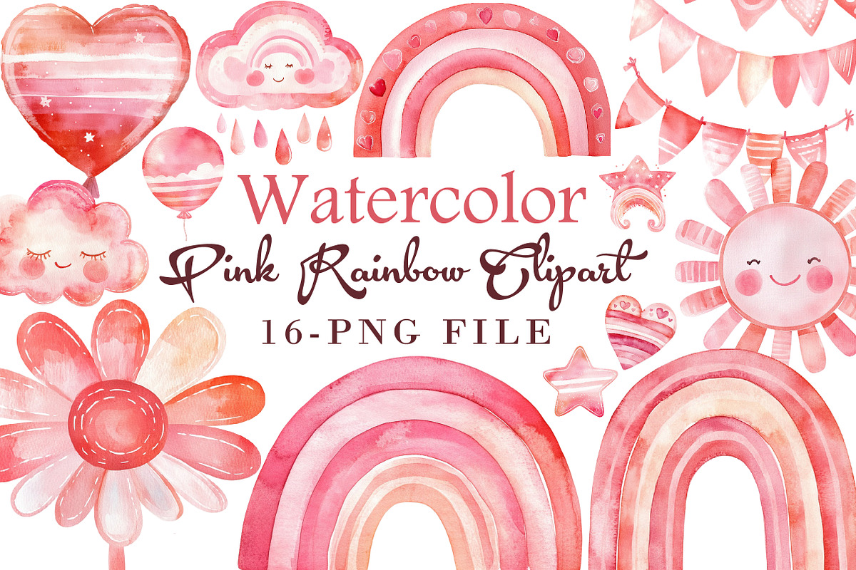 Watercolor Pink Rainbow Clipart, an Illustration by Libby Wishes (Photo 1 of 5)