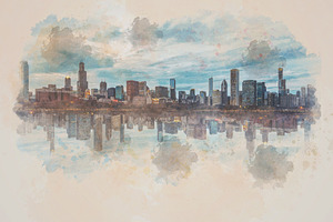 Digital Watercolor Scene of Chicago, an Architecture Photo by Tzido Gallery
