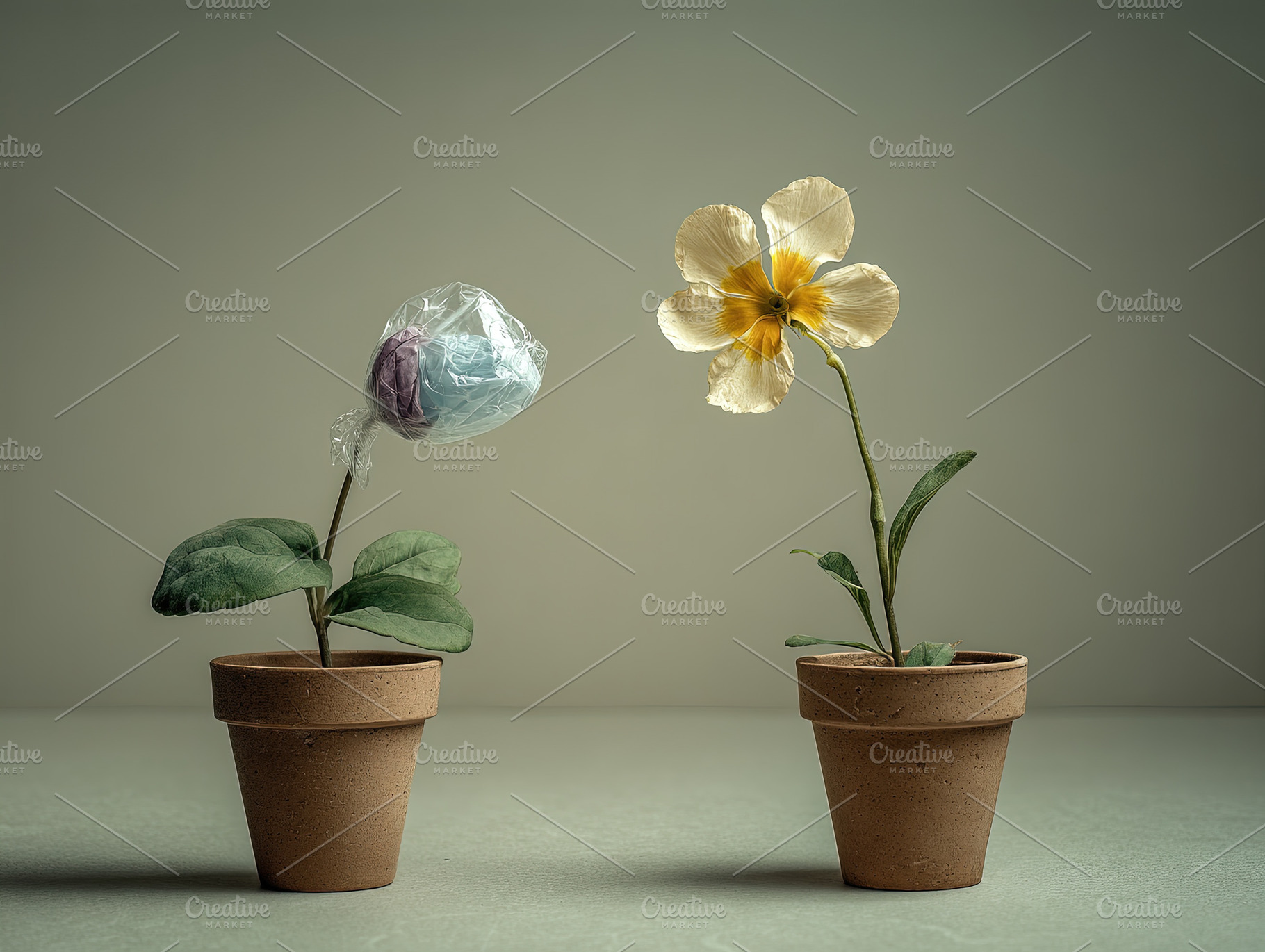 Two potted flowers side by side, one blooming and one wrapped in, an Animal Photo by Ales Munt