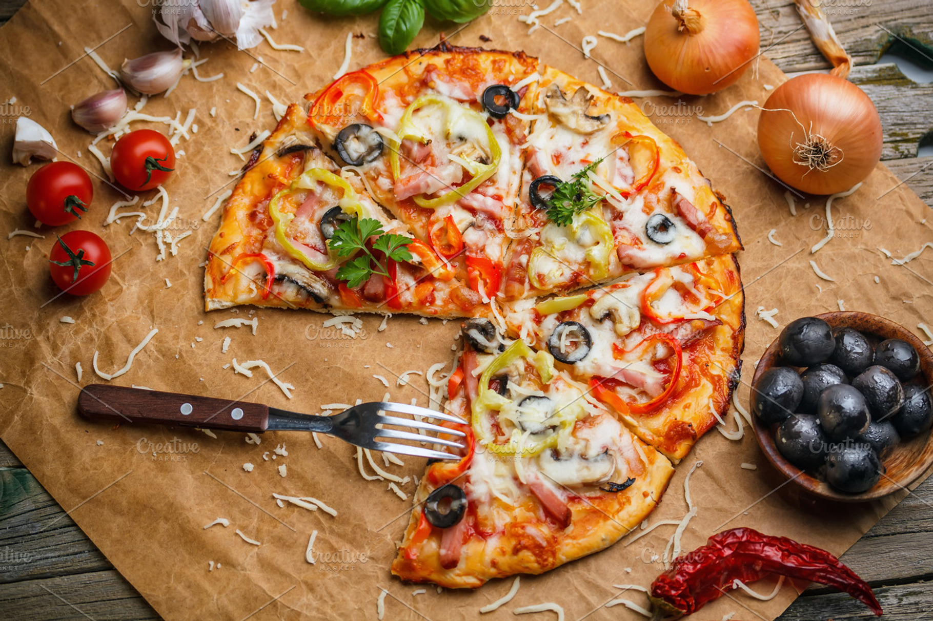 Fresh italian pizza stock photo containing pizza and slice