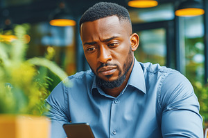 Serious businessman in a blue shirt, a Business Photo by MistyDay