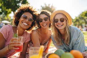 Joyful picnic with friends enjoying drinks and sunshine in a beautiful park on, a Photo by AlyaAnd