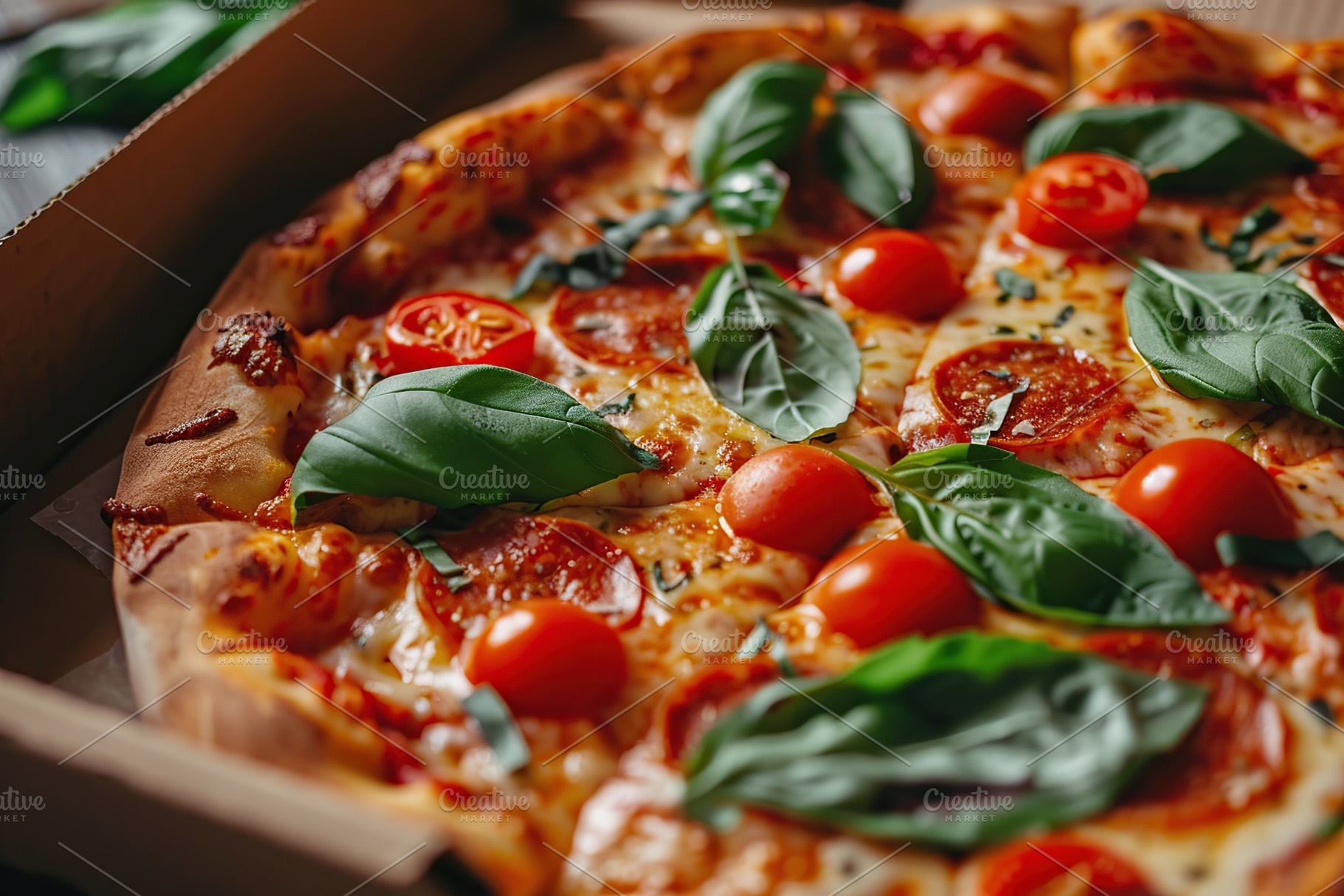 Fresh homemade pizza with cheese and meat in cardboard box, a Food & Drink Photo by AlyaAnd