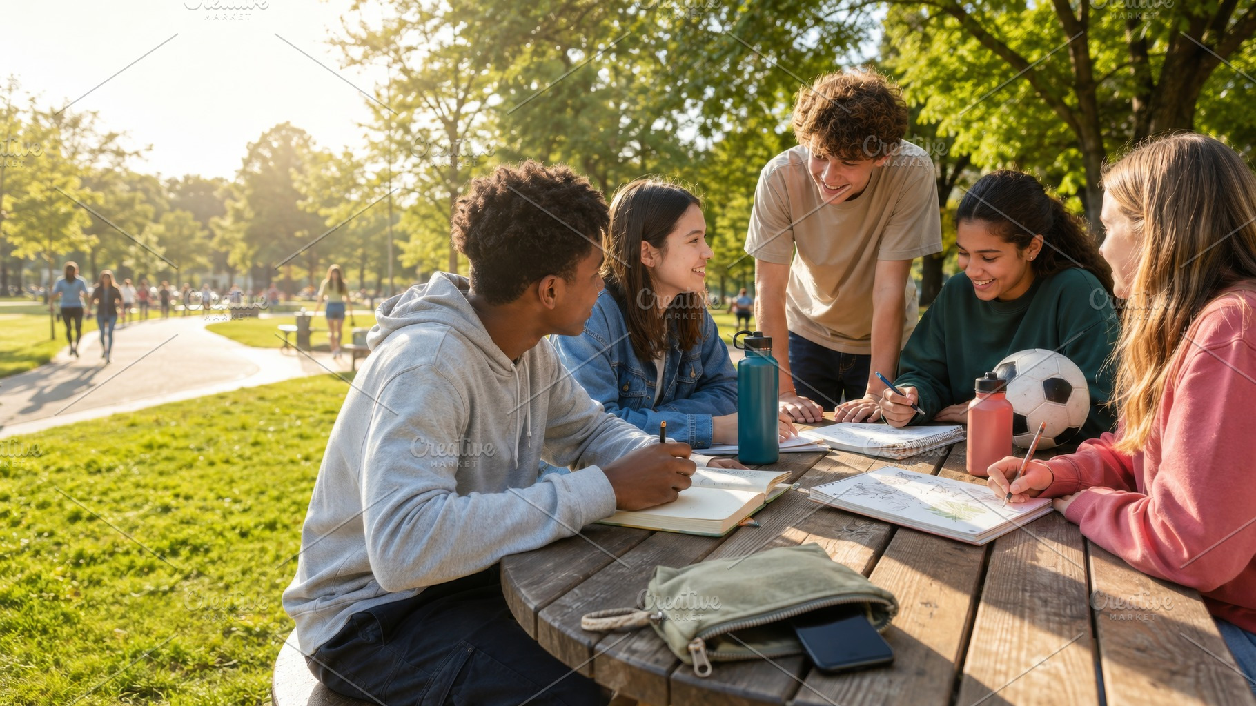 Teenagers studying outdoors around p, a Photo by Dvoevnore photos