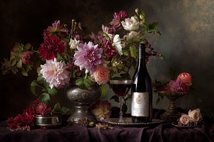 Still life with a full vase of colorful dahlias, roses, and other flowers next, a Food & Drink Photo by Studio ANNA