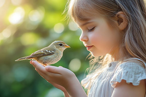 Girl gently holding a small bird while enjoying a serene moment in nature, an Animal Photo by AlyaAnd