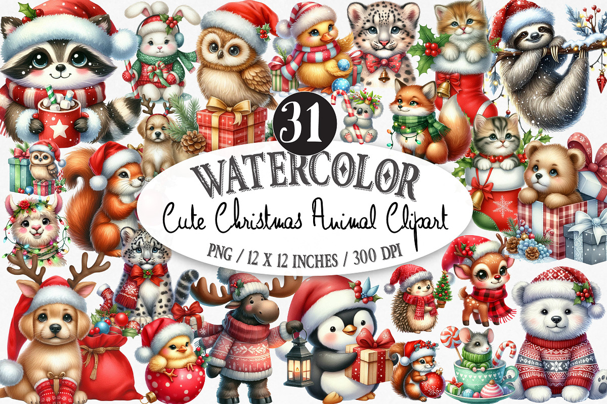 Cute Christmas Animal Clipart, an Illustration by Designking (Photo 1 of 5)
