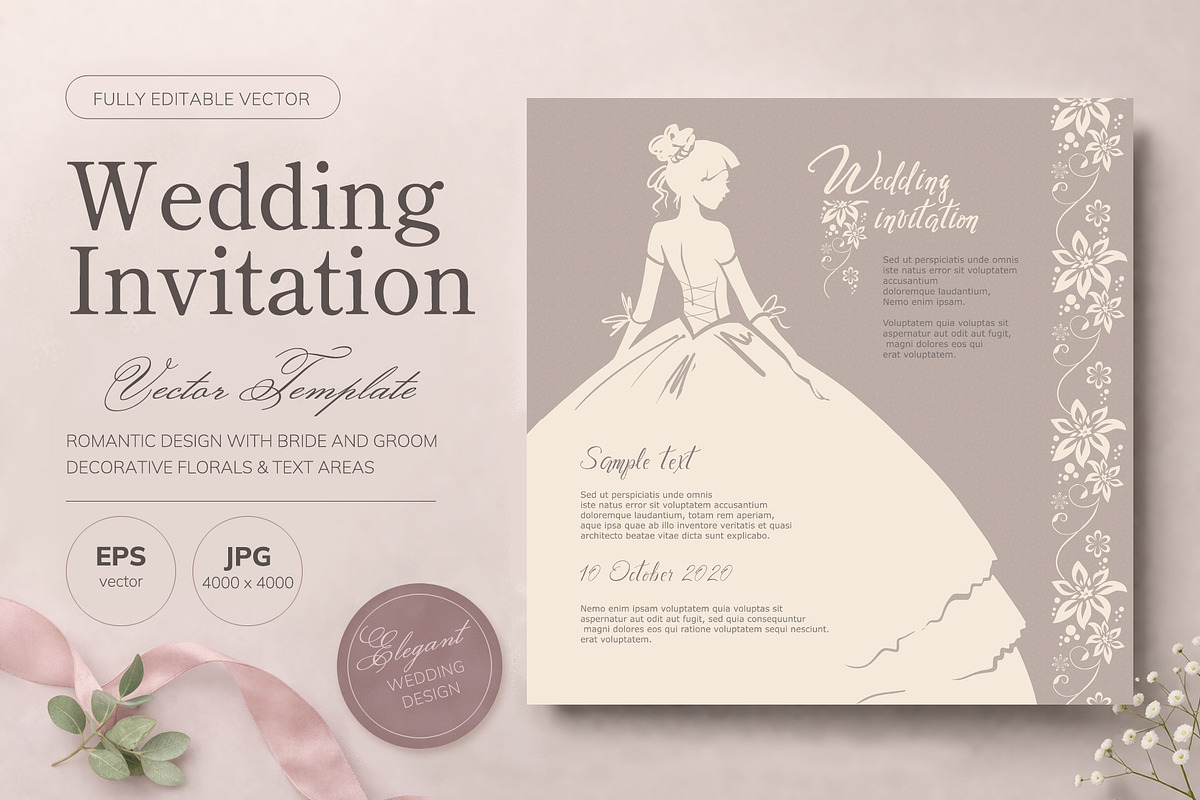 Wedding Invitation Vector Template, an Invitation Template by Elena Naumchenkova (Photo 1 of 3)