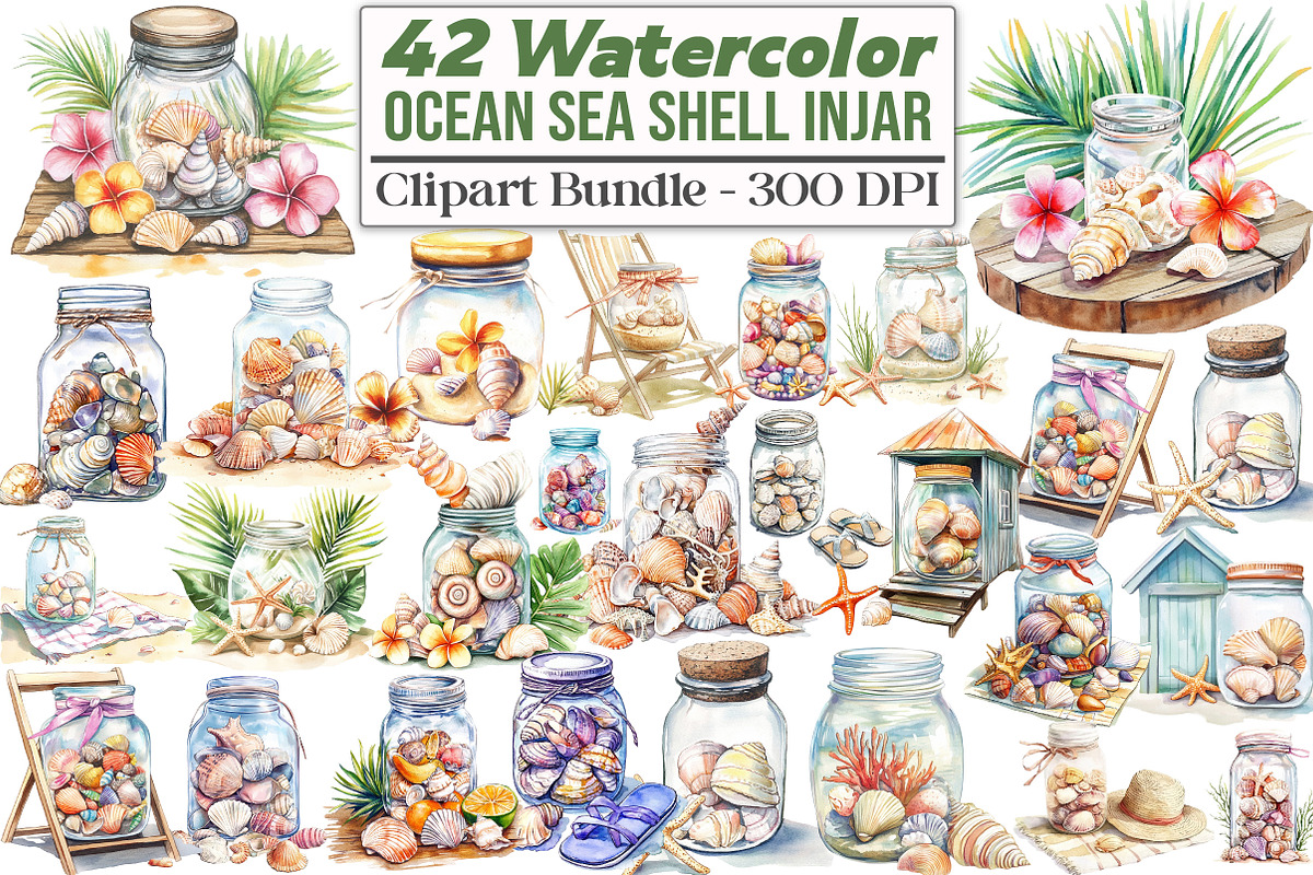 Watercolor Ocean Sea Shell In jar, an Illustration by DreamCafeArt (Photo 1 of 5)