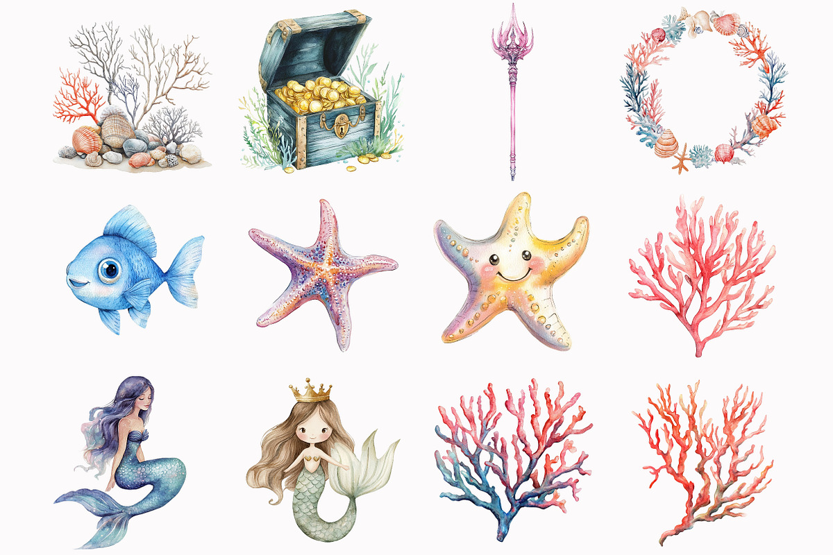 Watercolor Mermaid Clipart, an Illustration by Design Market (Photo 2 of 5)