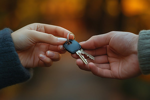 A close-up of a female hand passing a set of keys to a male hand, symbolizing t, a Person Photo by ImageMir