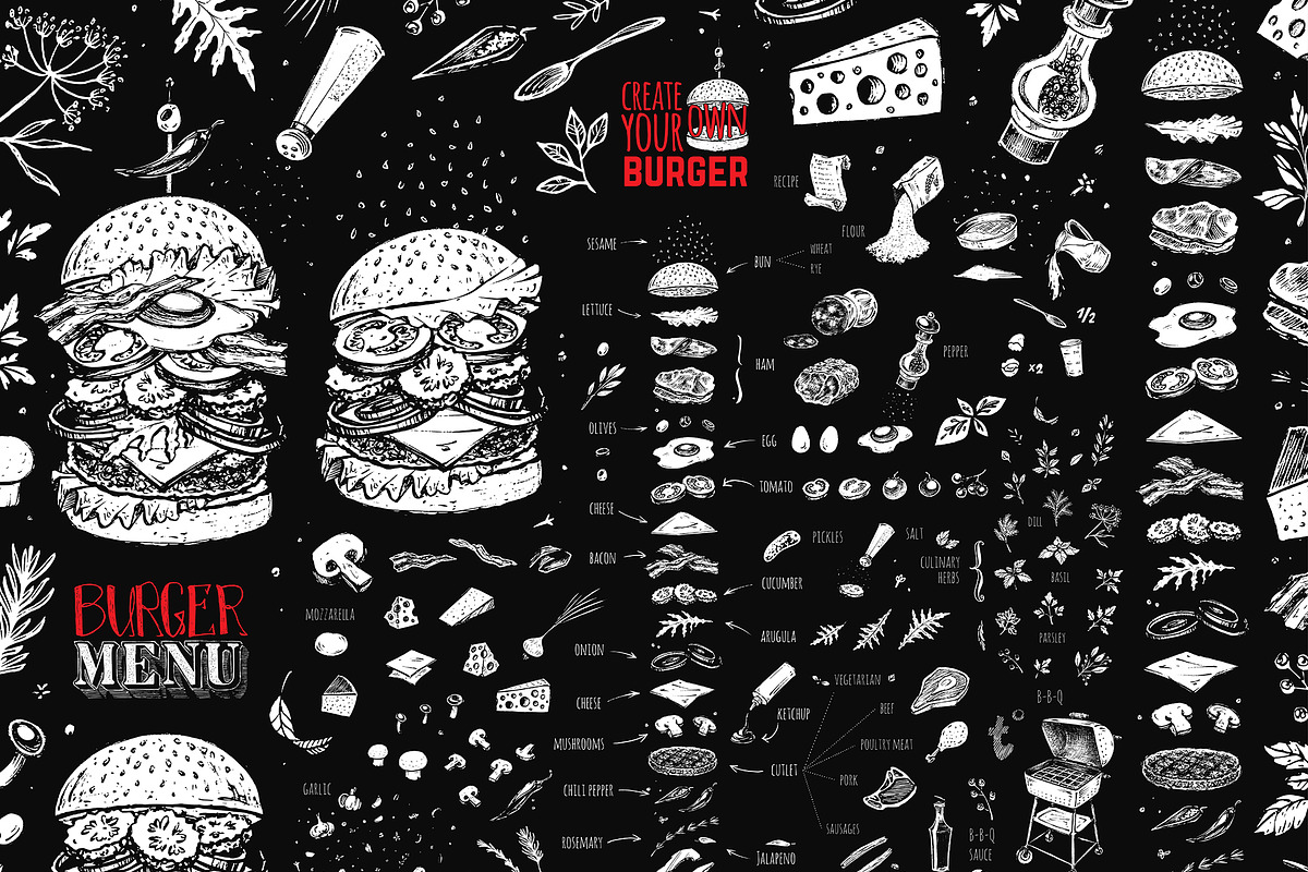 Burger menu. Hand-drawn. Chalk style, a Decorative Illustration by Margo Miller (Photo 3 of 15)