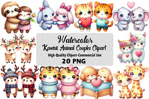 Kawaii Animal Couples Clipart Bundle, an Illustration by Daily.Designs