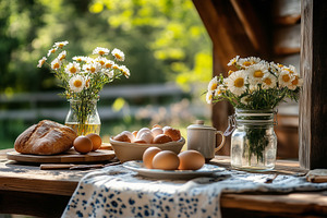 Breakfast table on a rustic terrace, a Food & Drink Photo by MistyDay