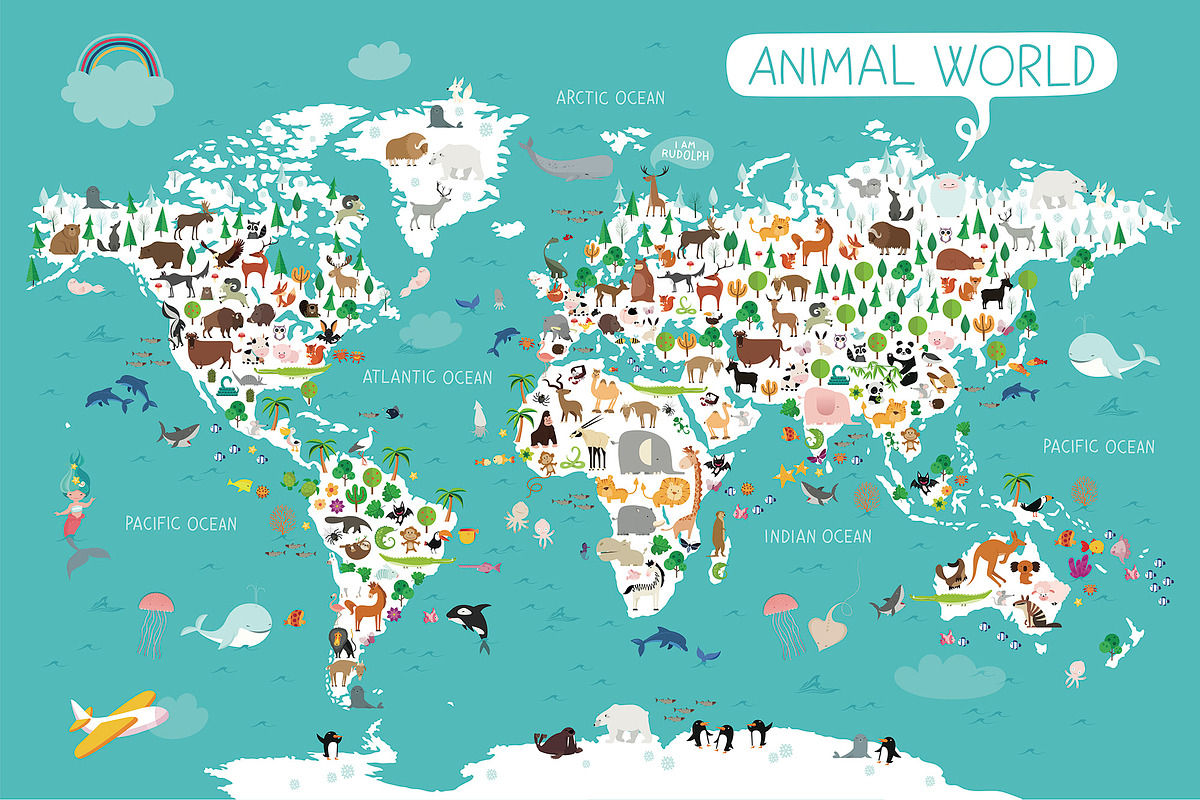 Cute Animals Vector World Map, an Animal Illustration by Pingebat (Photo 1 of 14)