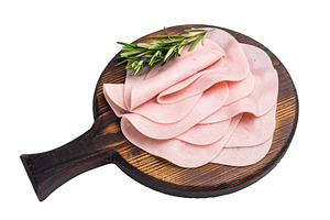 Close up of savory sliced ham showcasing its rich color and text, a Food & Drink Photo by composter-box@mail.ru