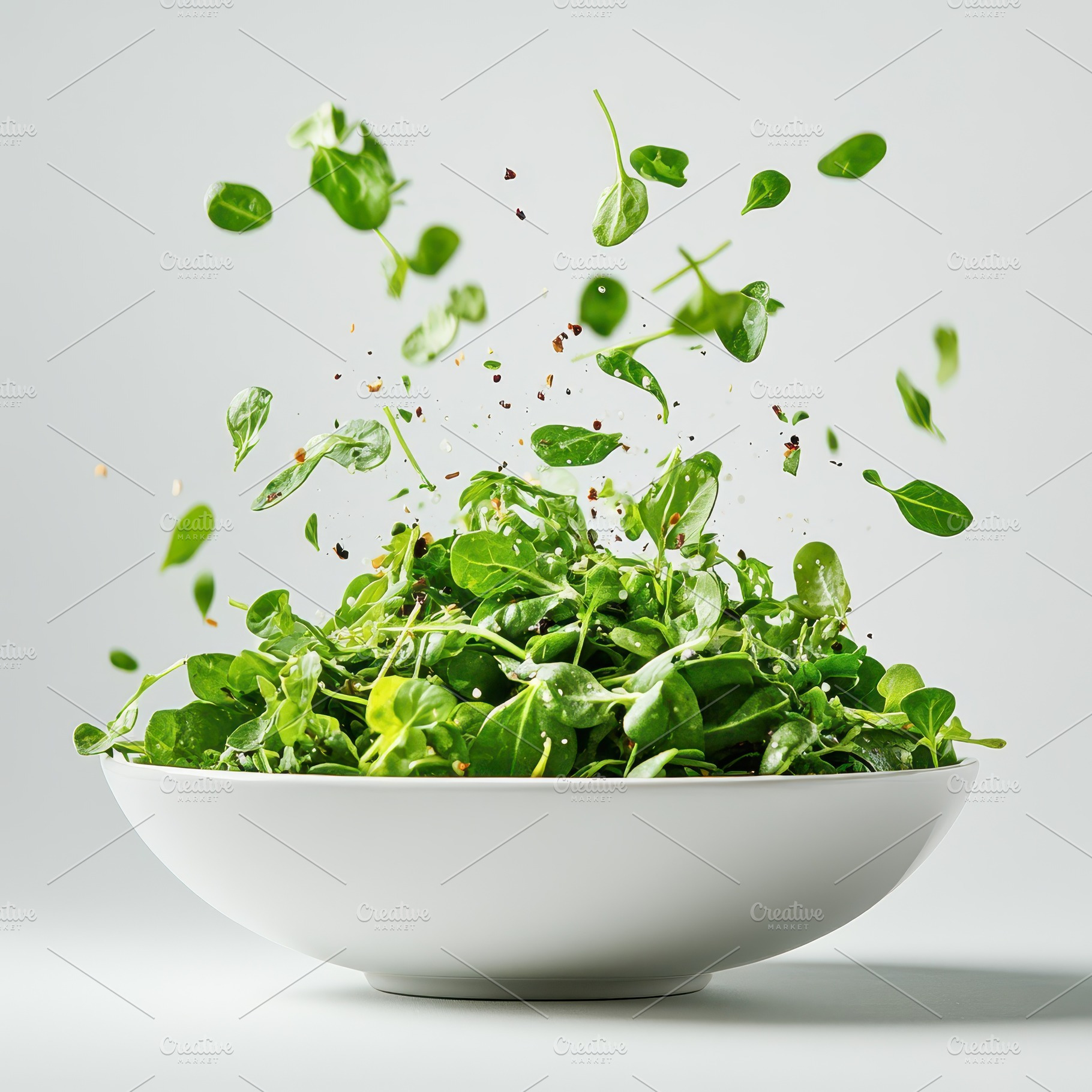 Fresh Green Salad Falling into Bowl, a Food & Drink Photo by Pixeness Studio