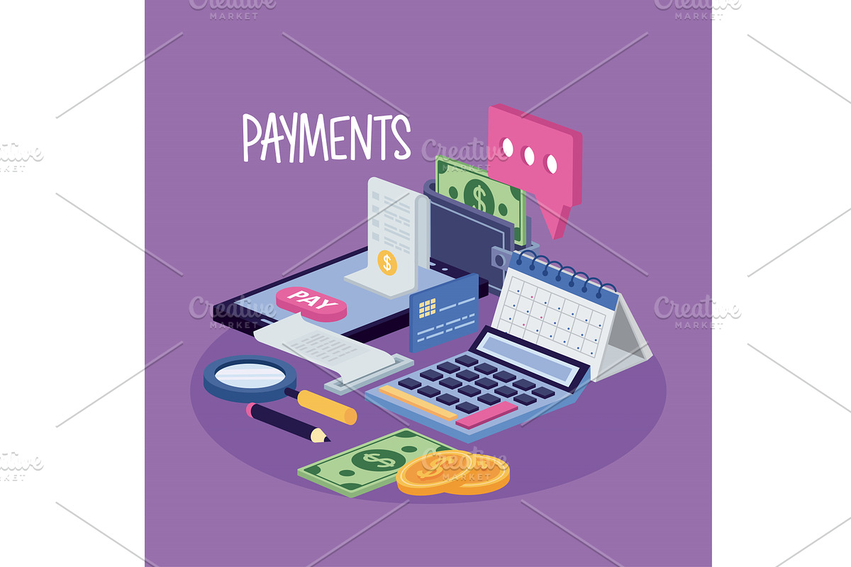 isometric payments icons, an Object Illustration by studiogstock