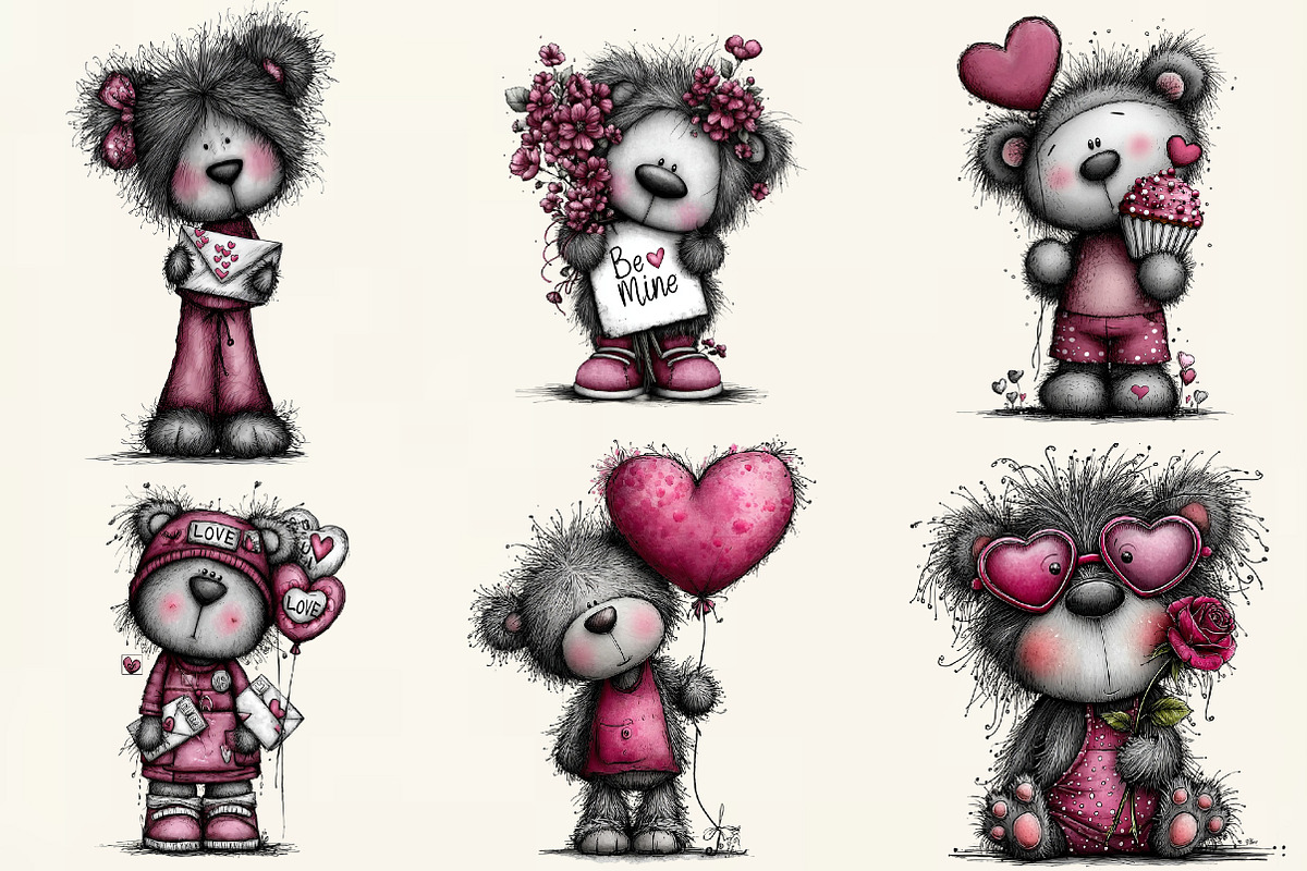 Quirky Teddy Bear Valentine Clipart, an Illustration by DreamCafeArt (Photo 2 of 6)