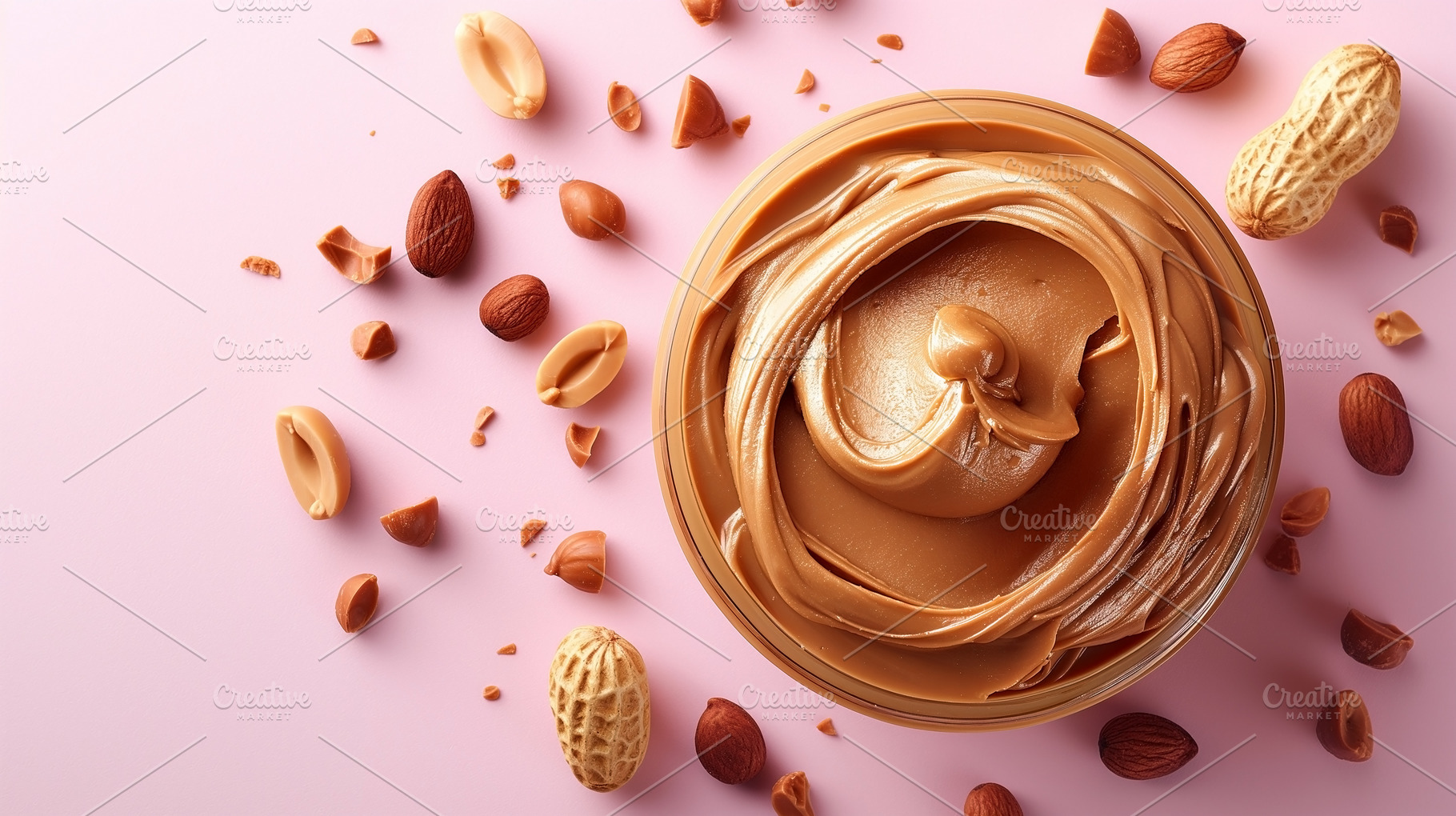 A creamy swirl of nut butter surrounded by assorted nuts on a so, a Food & Drink Photo by ImageMir