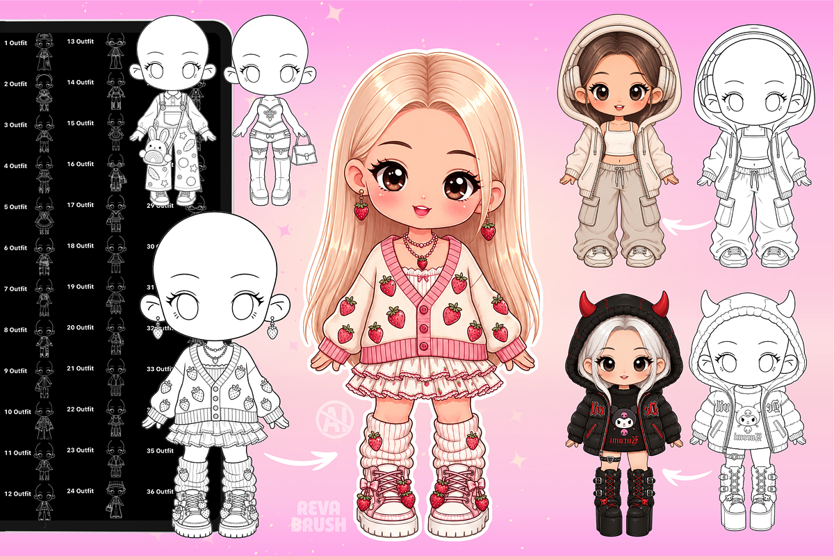 Chibi Procreate Outfit Pose brushes, a Brush Add-On by Revabrush (Photo 10 of 18)