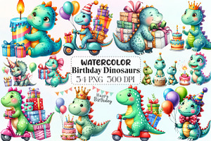 Cute Birthday Dinosaurs Clipart, an Illustration by CraftArtStudio