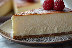 A slice of creamy cheesecake topped with fresh raspberries on a, a Food & Drink Photo by ImageMir