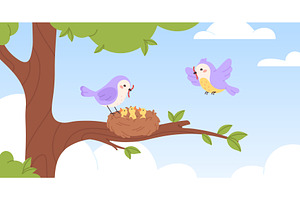 Bird nest on tree. Birds feeding, an Animal Illustration by LadadikArt