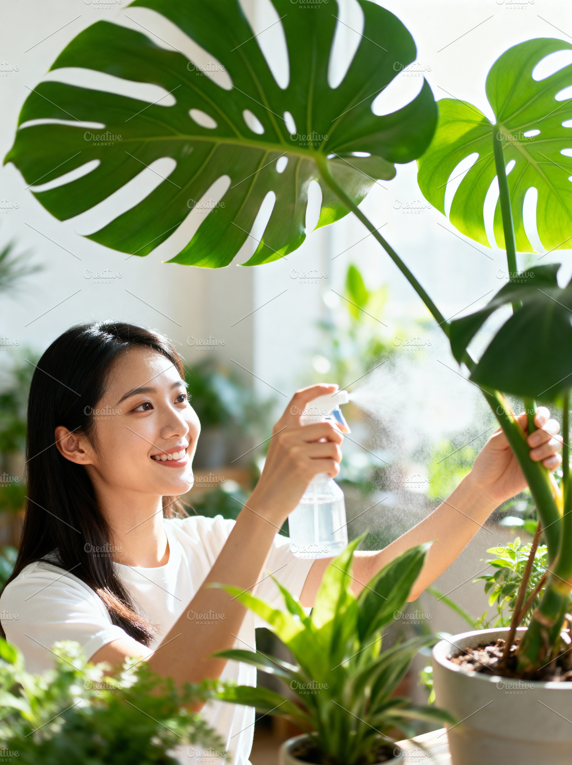 Happy Woman Sprays Monstera, a Person Photo by Virgo Studio