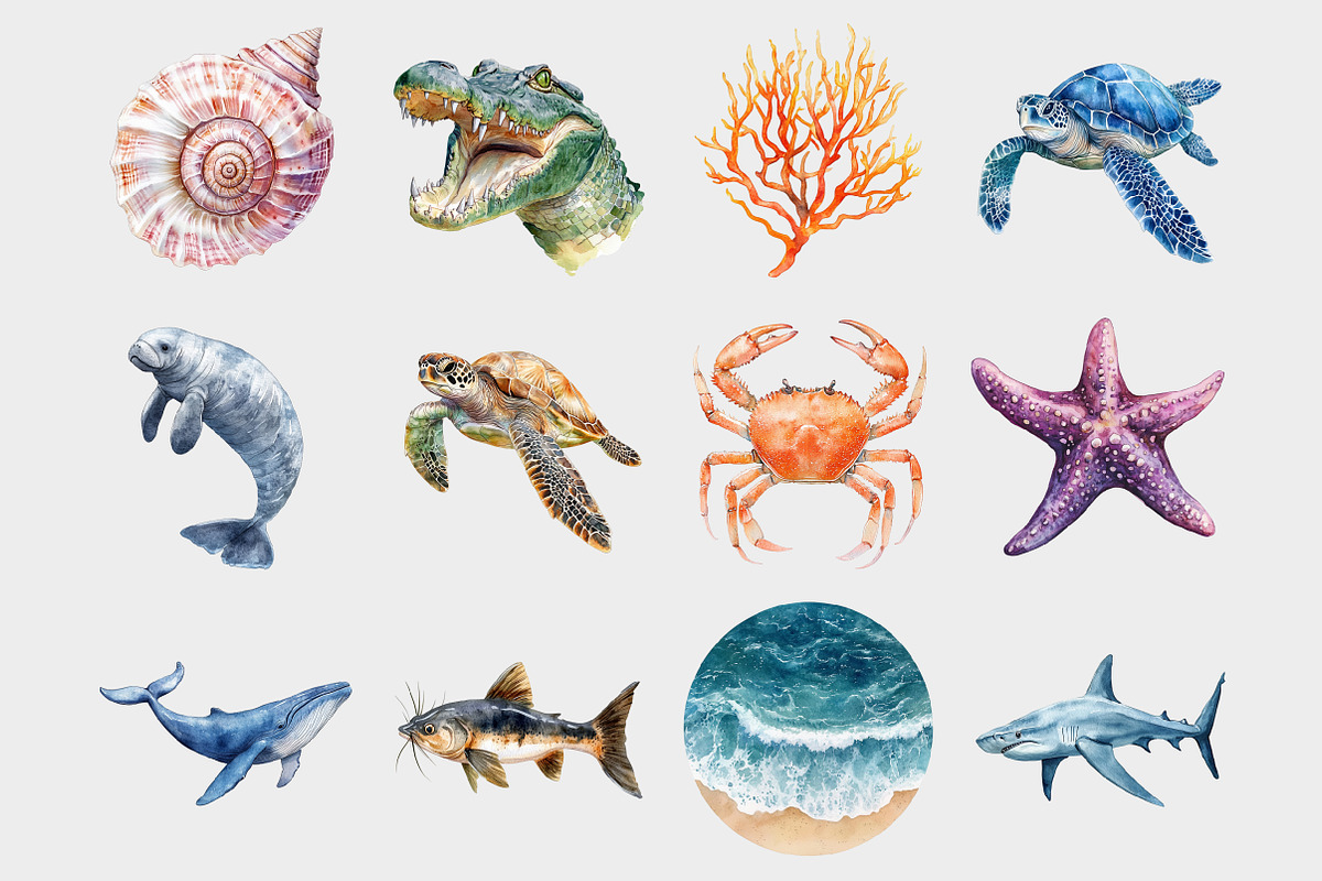 Watercolor Sea Animals Clipart, a Seasonal Illustration by Design Market (Photo 3 of 5)