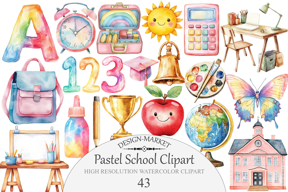Watercolor Pastel School Clipart, an Illustration by Design Market (Photo 1 of 5)