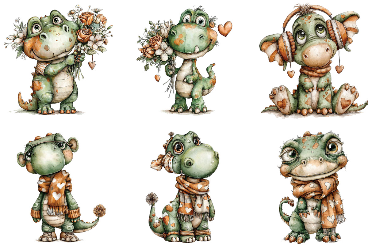 Whimsical Dinosaur Valentine Clipart, an Illustration by CraftArtStudio (Photo 5 of 6)